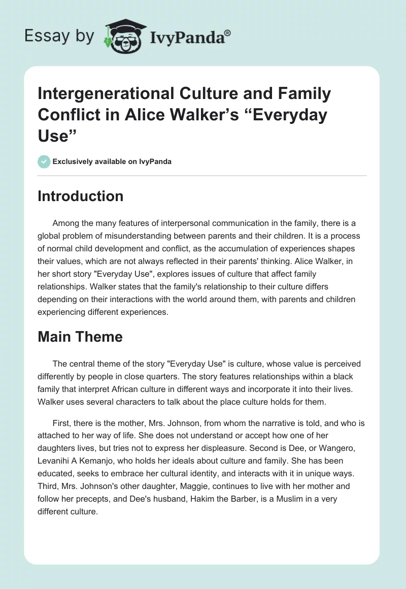 Intergenerational Culture and Family Conflict in Alice Walker’s “Everyday Use”. Page 1