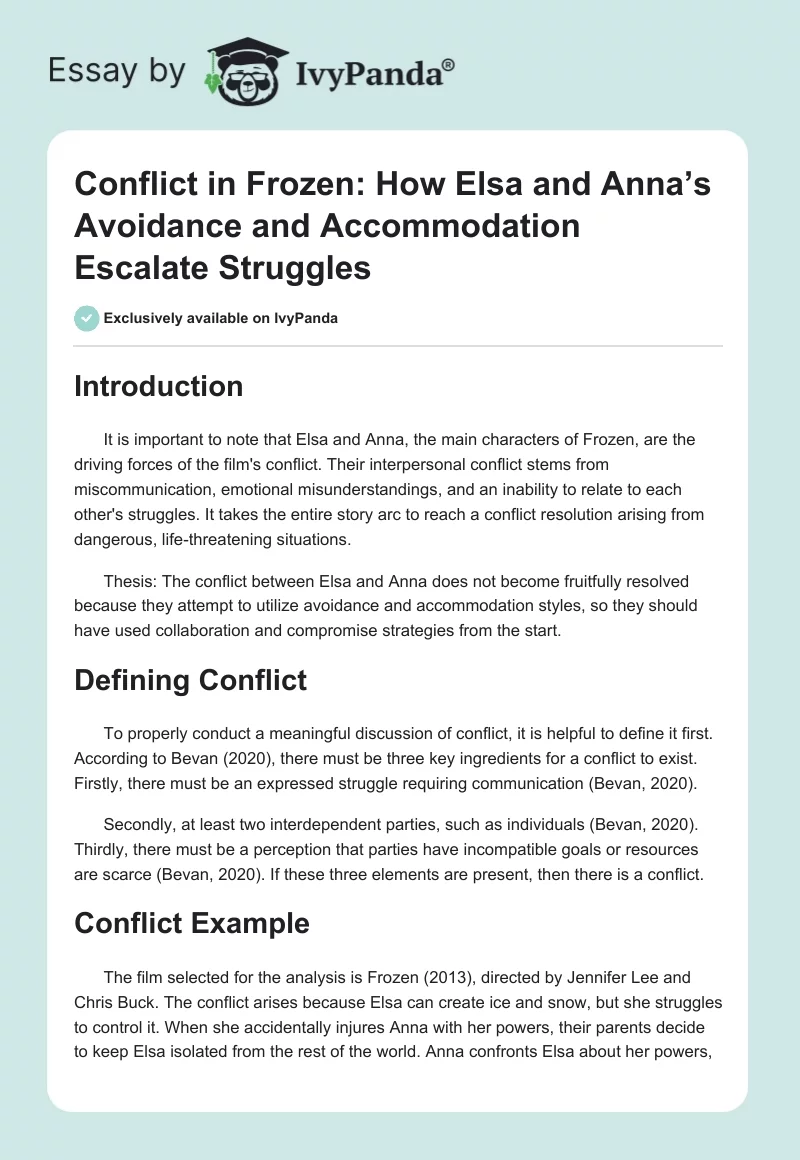Conflict in Frozen: How Elsa and Anna’s Avoidance and Accommodation Escalate Struggles. Page 1