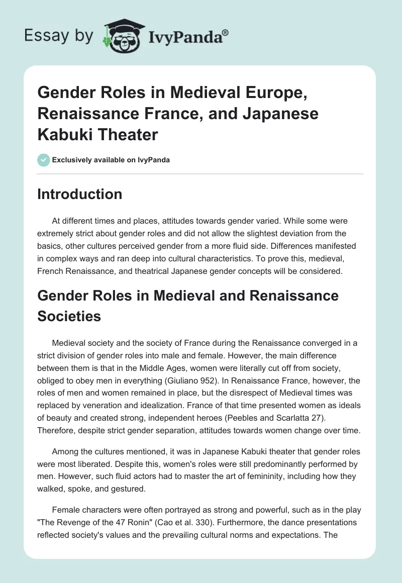 Gender Roles in Medieval Europe, Renaissance France, and Japanese Kabuki Theater. Page 1