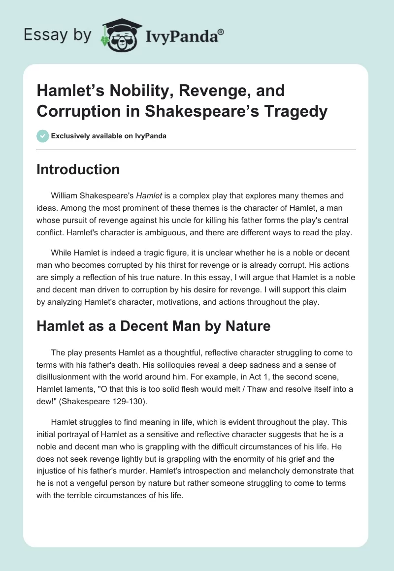 Hamlet’s Nobility, Revenge, and Corruption in Shakespeare’s Tragedy. Page 1