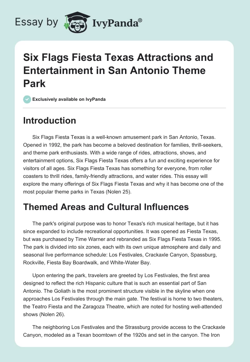 Six Flags Fiesta Texas Attractions and Entertainment in San Antonio Theme Park. Page 1