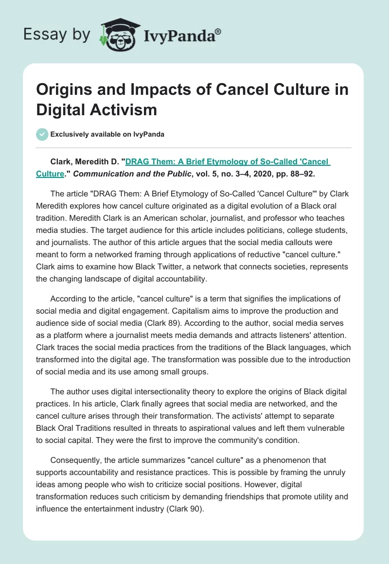 Origins and Impacts of Cancel Culture in Digital Activism. Page 1