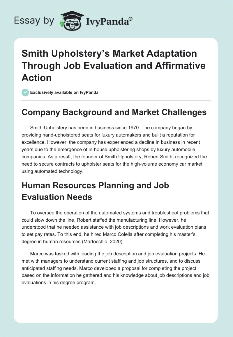 Smith Upholstery’s Market Adaptation Through Job Evaluation and Affirmative Action. Page 1