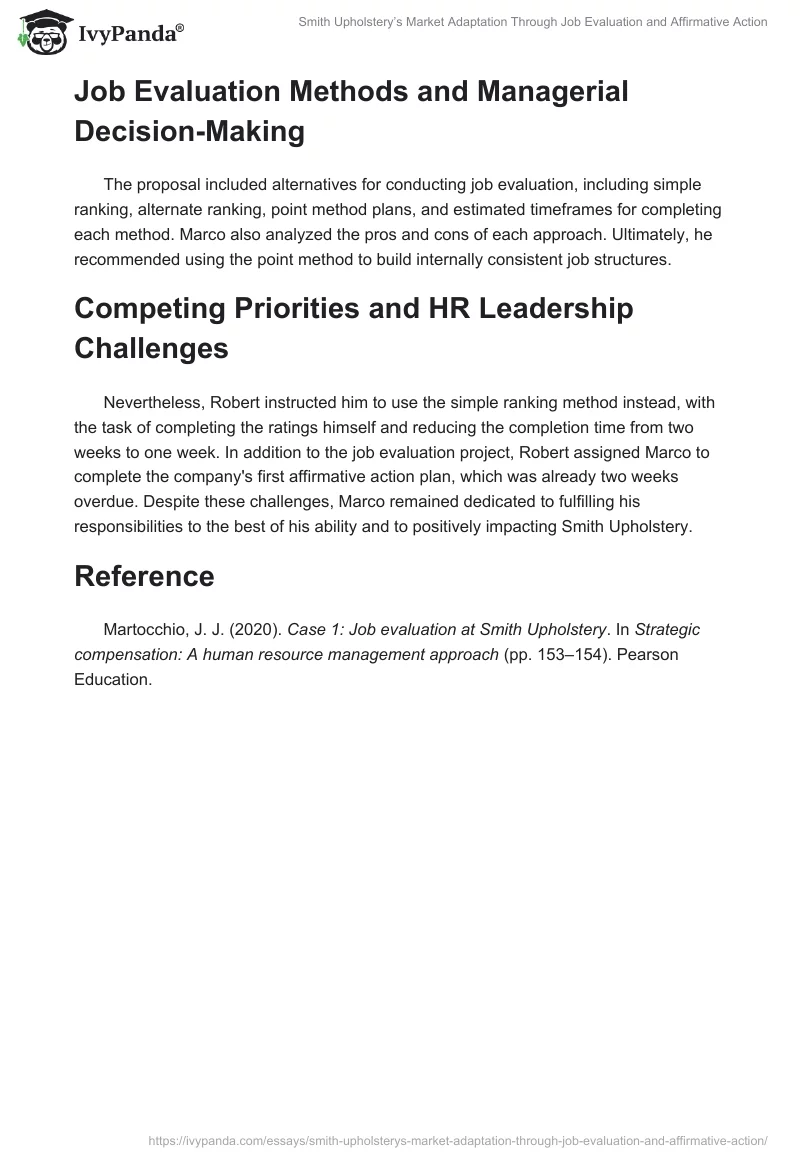 Smith Upholstery’s Market Adaptation Through Job Evaluation and Affirmative Action. Page 2