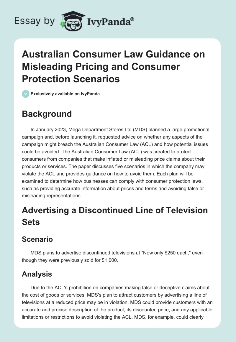 Australian Consumer Law Guidance on Misleading Pricing and Consumer Protection Scenarios. Page 1