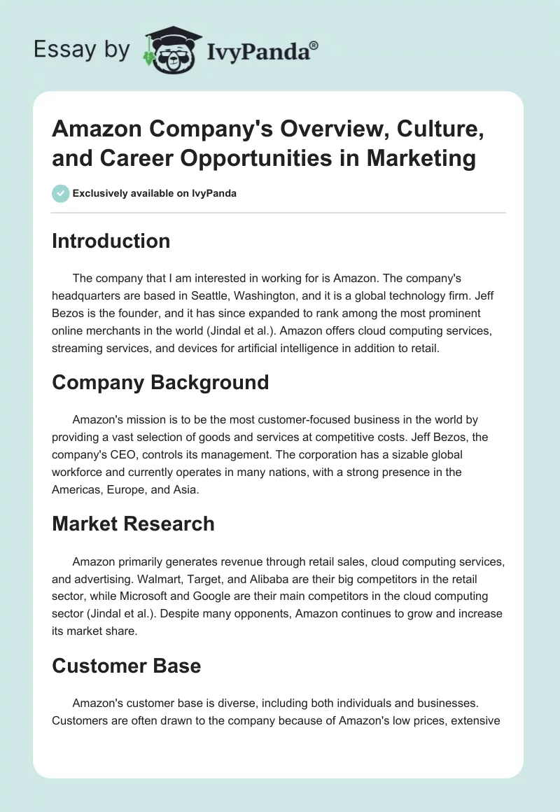 Amazon Company's Overview, Culture, and Career Opportunities in Marketing. Page 1