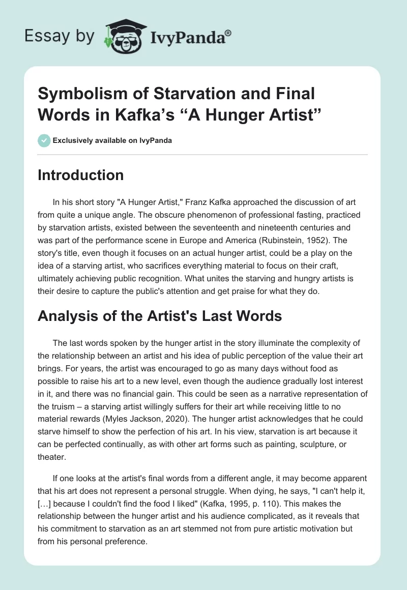 Symbolism of Starvation and Final Words in Kafka’s “A Hunger Artist”. Page 1
