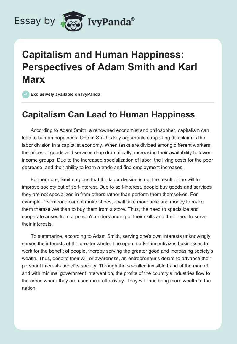 Capitalism and Human Happiness: Perspectives of Adam Smith and Karl Marx. Page 1