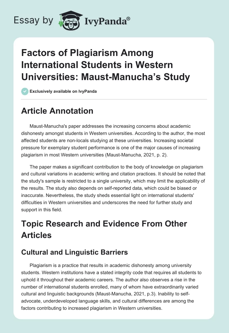Factors of Plagiarism Among International Students in Western Universities: Maust-Manucha’s Study. Page 1