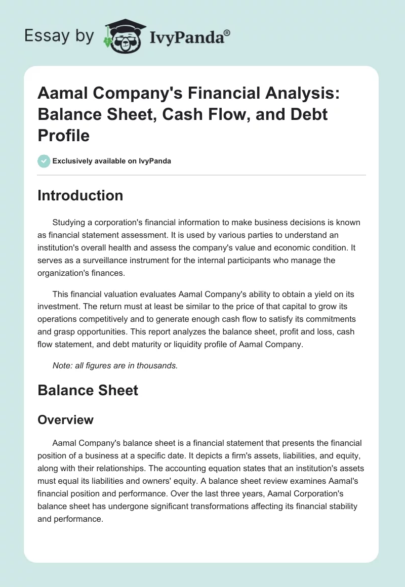Aamal Company's Financial Analysis: Balance Sheet, Cash Flow, and Debt Profile. Page 1