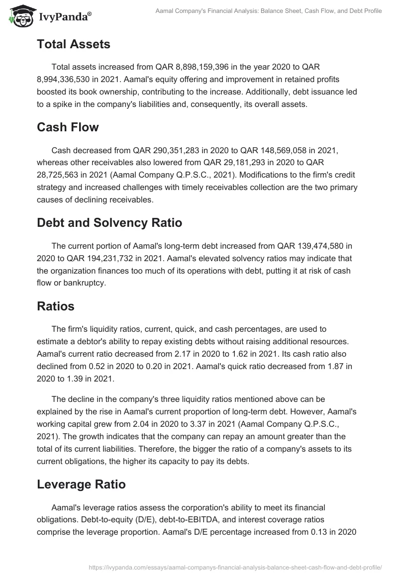 Aamal Company's Financial Analysis: Balance Sheet, Cash Flow, and Debt Profile. Page 2