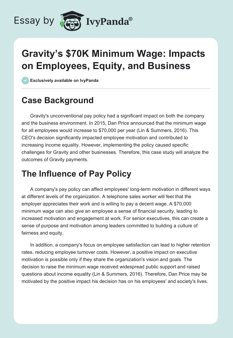Gravity’s $70K Minimum Wage: Impacts on Employees, Equity, and Business. Page 1