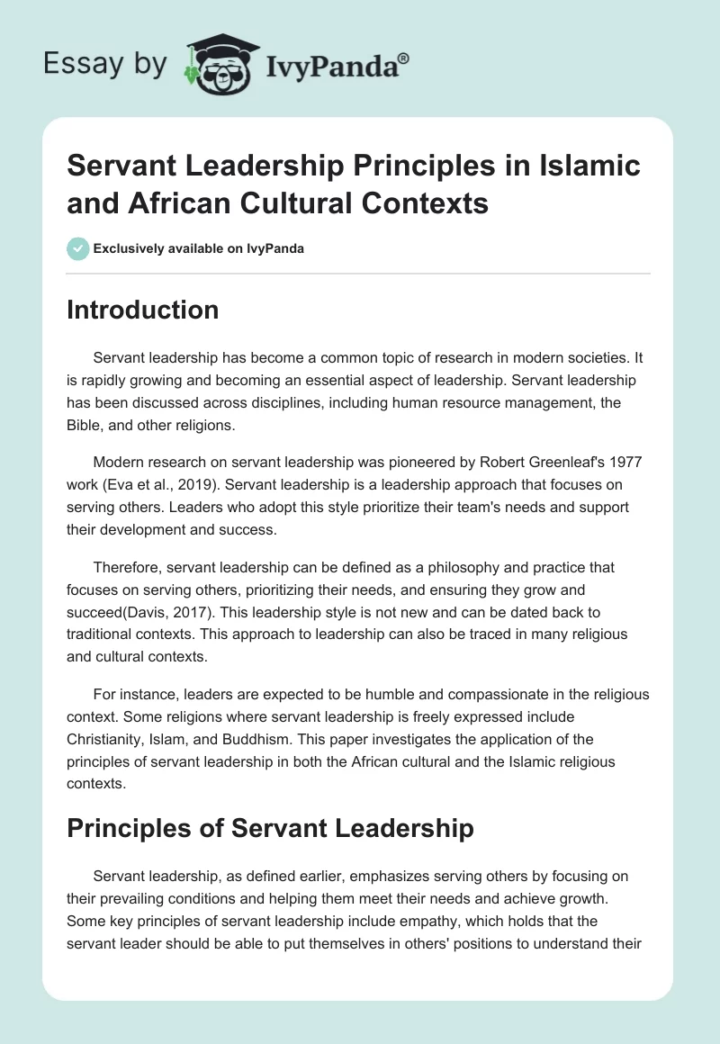 Servant Leadership Principles in Islamic and African Cultural Contexts. Page 1