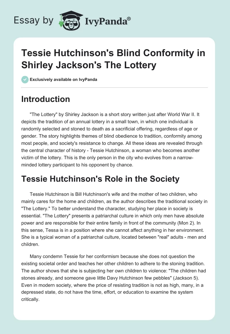 Tessie Hutchinson's Blind Conformity in Shirley Jackson's "The Lottery". Page 1