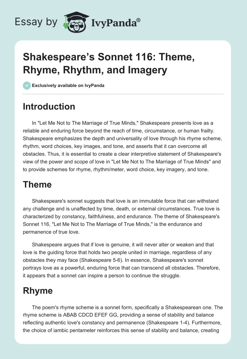 Shakespeare’s Sonnet 116: Theme, Rhyme, Rhythm, and Imagery. Page 1
