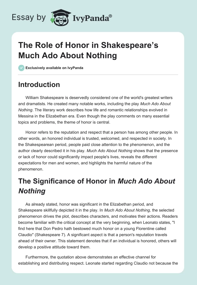 The Role of Honor in Shakespeare’s Much Ado About Nothing. Page 1