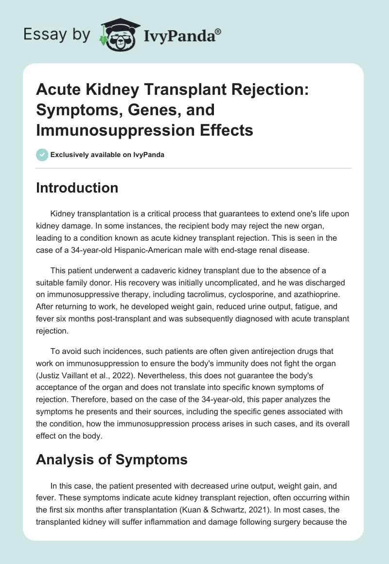 Acute Kidney Transplant Rejection: Symptoms, Genes, and Immunosuppression Effects. Page 1