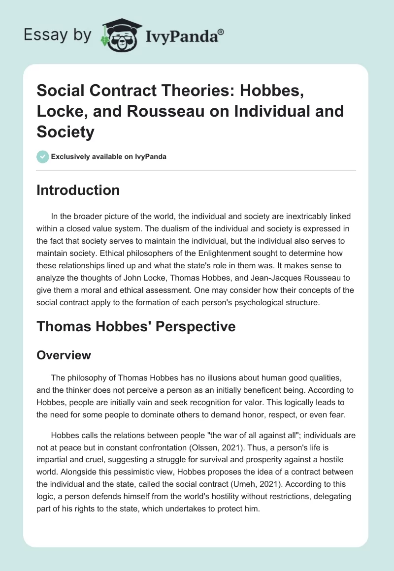 Social Contract Theories: Hobbes, Locke, and Rousseau on Individual and Society. Page 1