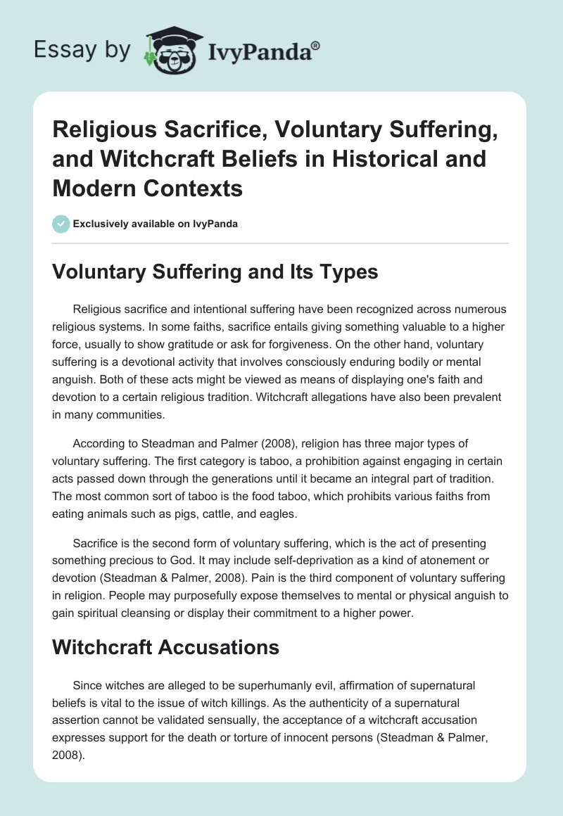 Religious Sacrifice, Voluntary Suffering, and Witchcraft Beliefs in Historical and Modern Contexts. Page 1