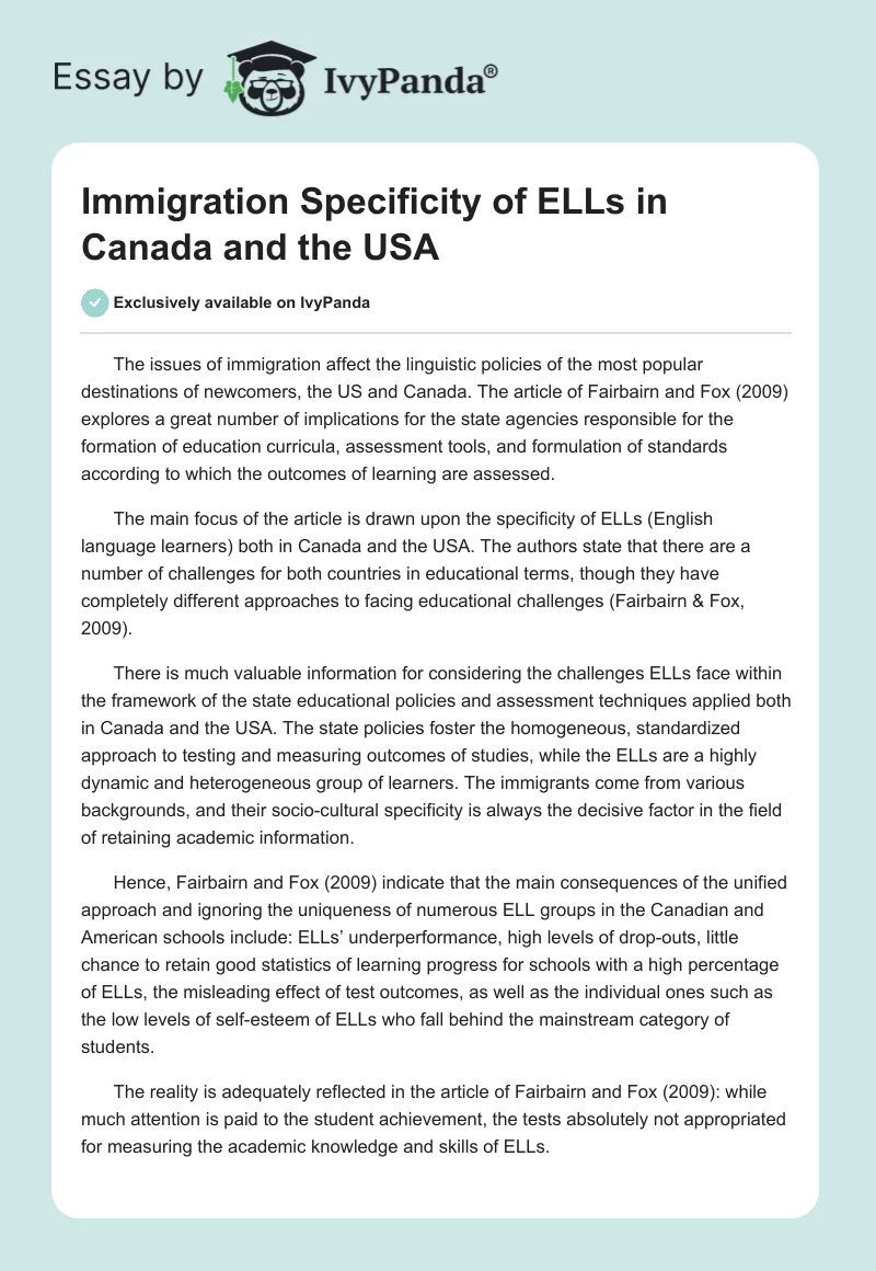 Immigration Specificity of ELLs in Canada and the USA. Page 1