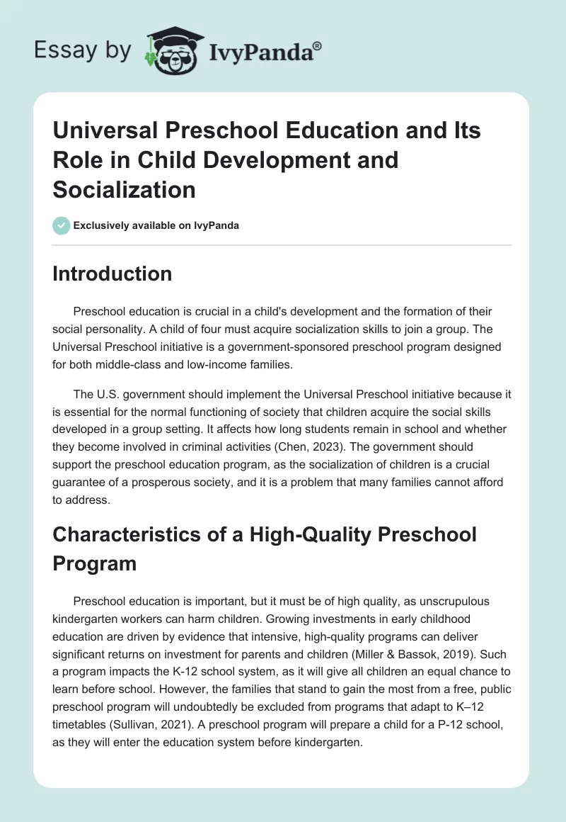 Universal Preschool Education and Its Role in Child Development and Socialization. Page 1