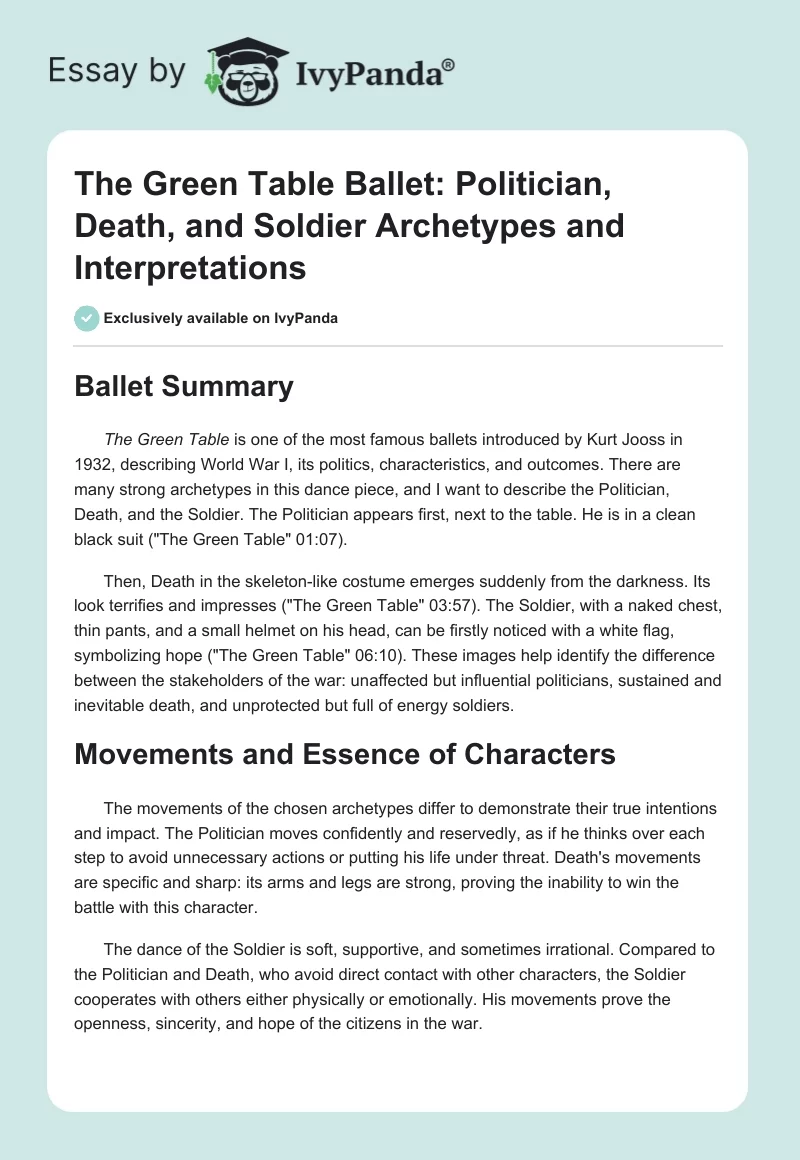 The Green Table Ballet: Politician, Death, and Soldier Archetypes and Interpretations. Page 1