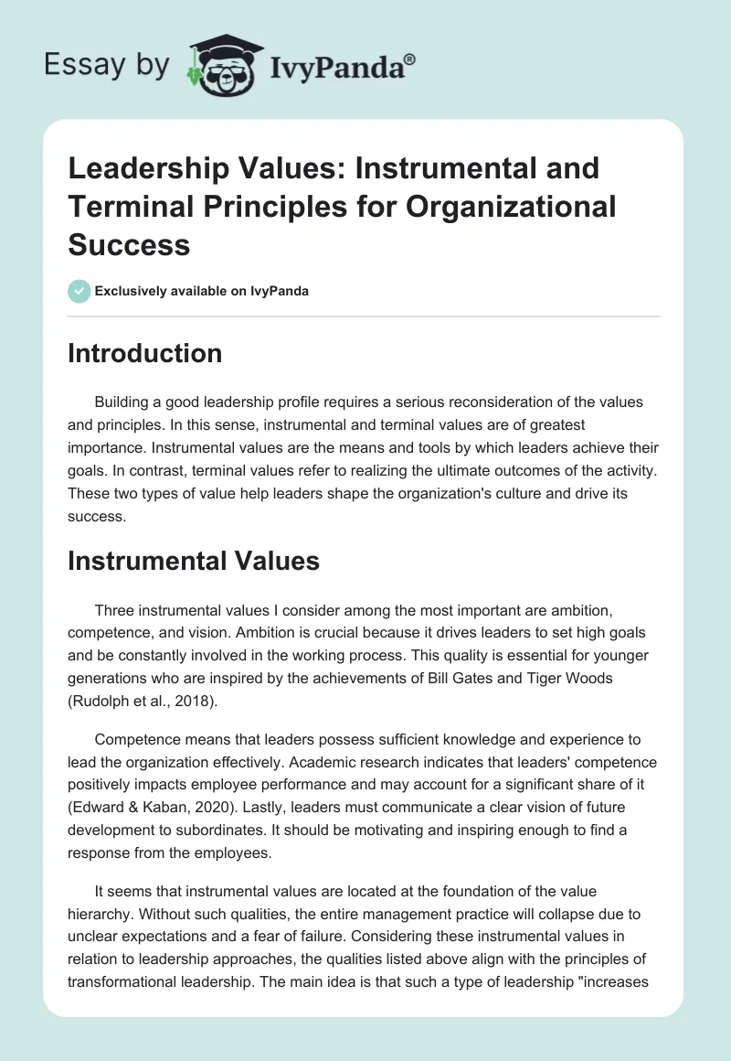 Leadership Values: Instrumental and Terminal Principles for Organizational Success. Page 1