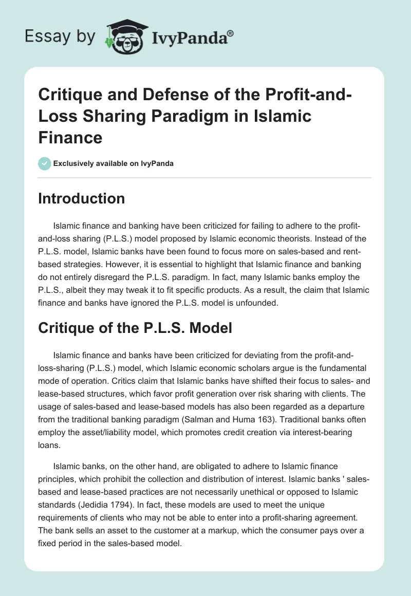 Critique and Defense of the Profit-and-Loss Sharing Paradigm in Islamic Finance. Page 1