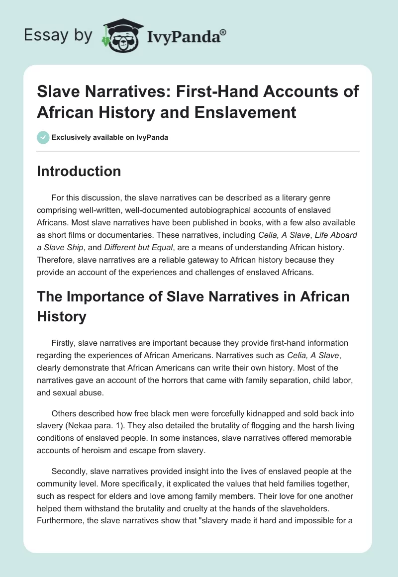 Slave Narratives: First-Hand Accounts of African History and Enslavement. Page 1