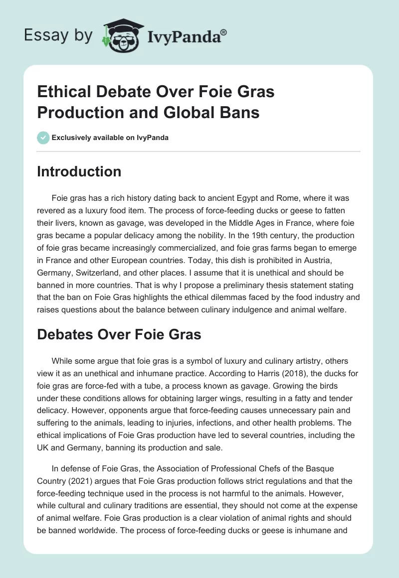 Ethical Debate Over Foie Gras Production and Global Bans. Page 1