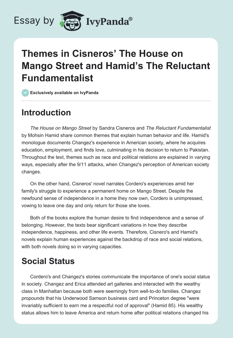 Themes in Cisneros’ The House on Mango Street and Hamid’s The Reluctant Fundamentalist. Page 1