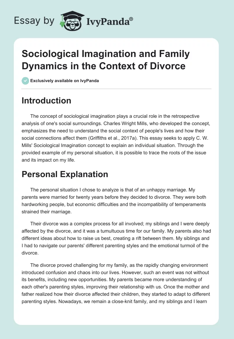 Sociological Imagination and Family Dynamics in the Context of Divorce. Page 1