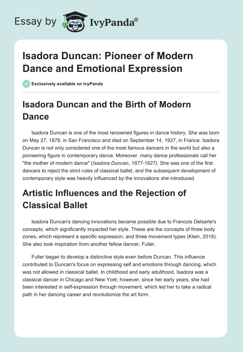 Isadora Duncan: Pioneer of Modern Dance and Emotional Expression. Page 1