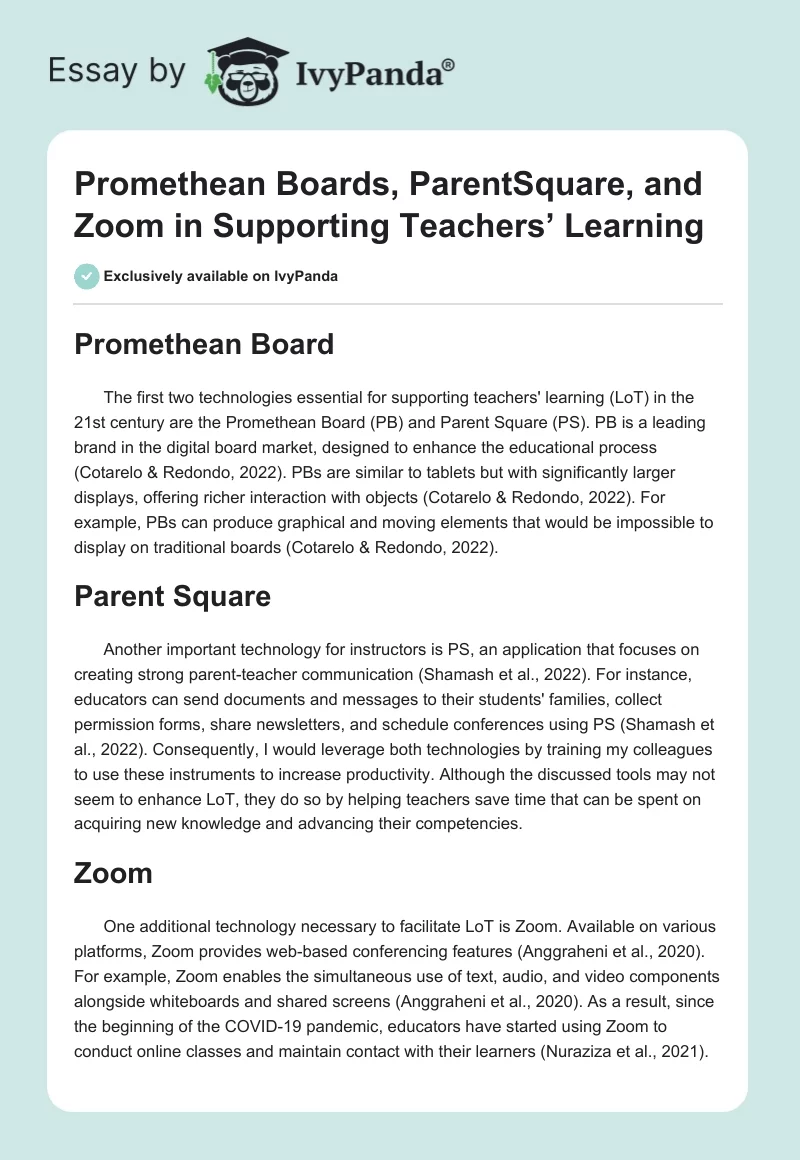 Promethean Boards, ParentSquare, and Zoom in Supporting Teachers’ Learning. Page 1
