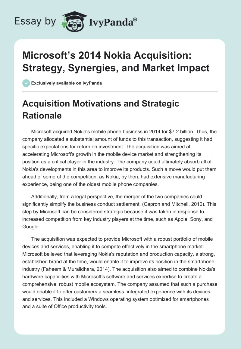 Microsoft’s 2014 Nokia Acquisition: Strategy, Synergies, and Market Impact. Page 1