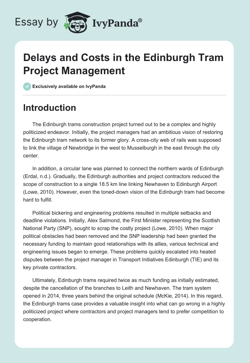 Delays and Costs in the Edinburgh Tram Project Management. Page 1