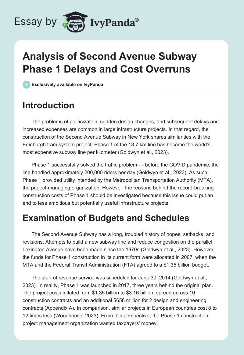 Analysis of Second Avenue Subway Phase 1 Delays and Cost Overruns. Page 1