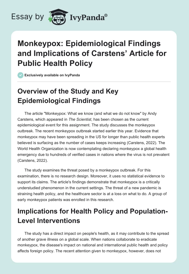 Monkeypox: Epidemiological Findings and Implications of Carstens’ Article for Public Health Policy. Page 1