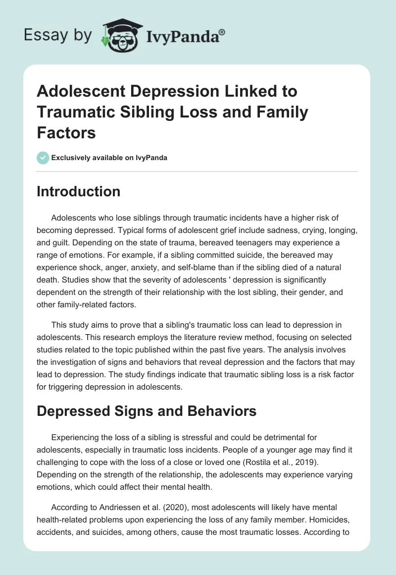 Adolescent Depression Linked to Traumatic Sibling Loss and Family Factors. Page 1