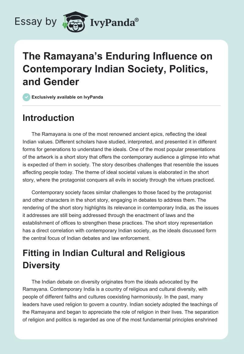 The Ramayana’s Enduring Influence on Contemporary Indian Society, Politics, and Gender. Page 1