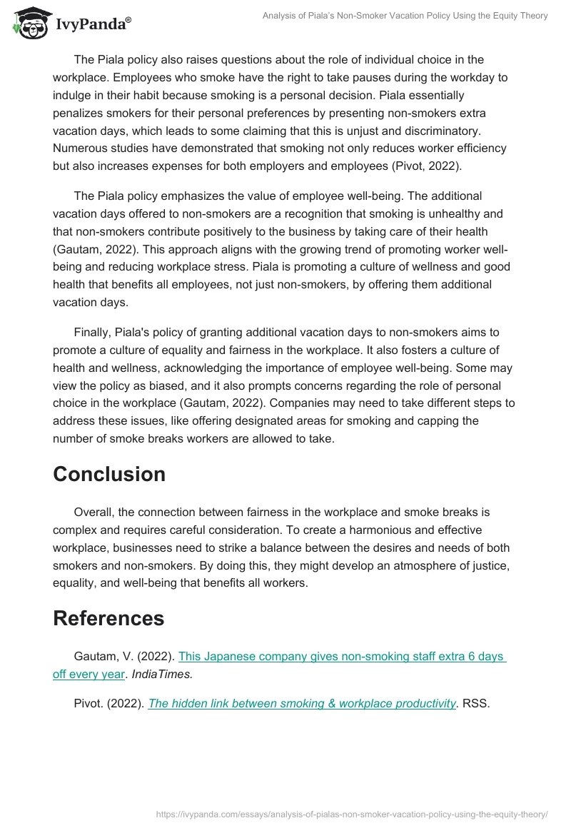 Analysis of Piala’s Non-Smoker Vacation Policy Using the Equity Theory. Page 2