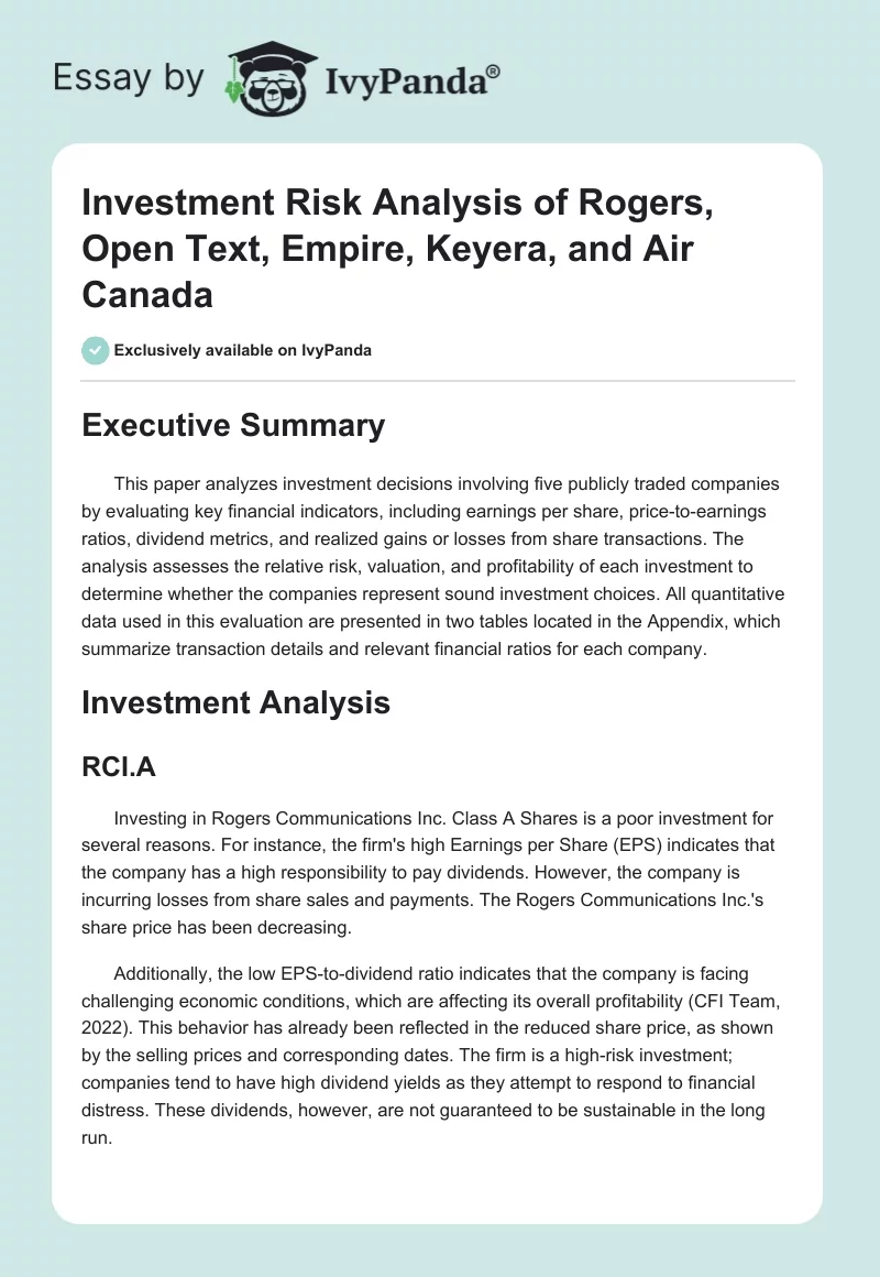 Investment Risk Analysis of Rogers, Open Text, Empire, Keyera, and Air Canada. Page 1