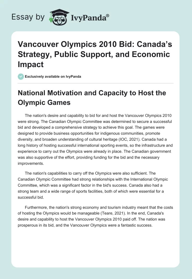 Vancouver Olympics 2010 Bid: Canada’s Strategy, Public Support, and Economic Impact. Page 1