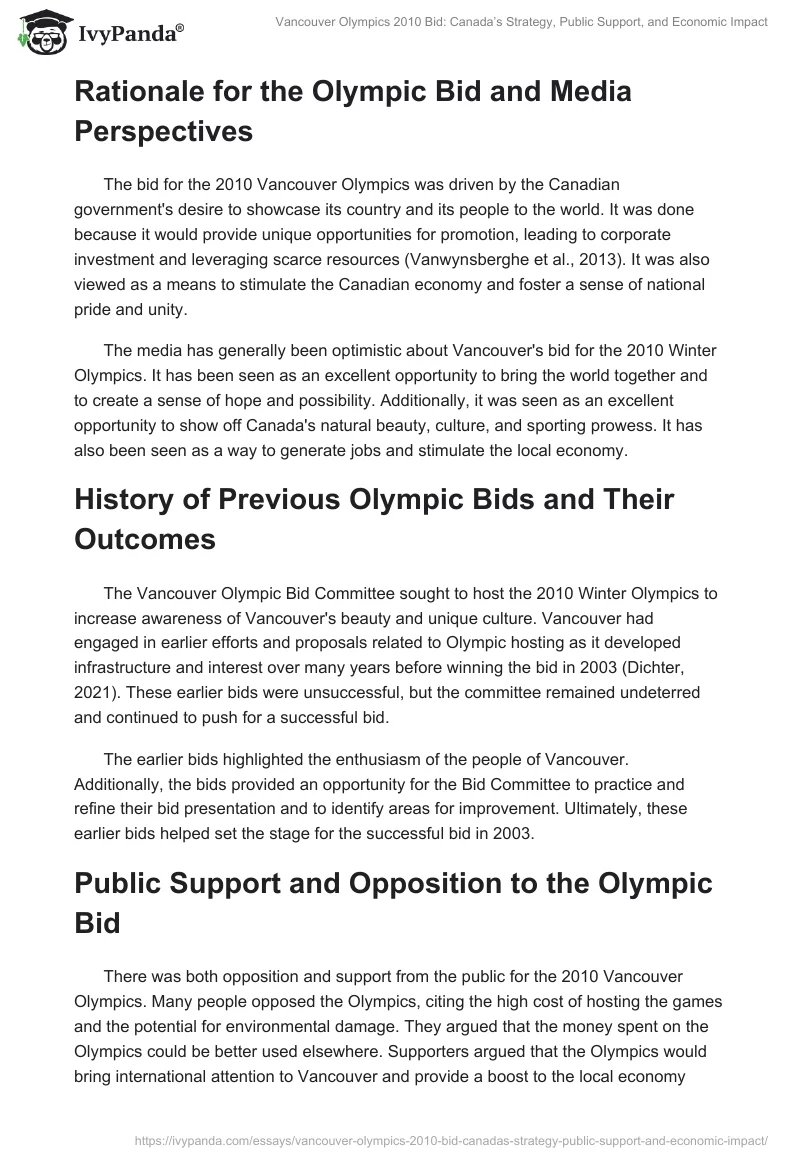 Vancouver Olympics 2010 Bid: Canada’s Strategy, Public Support, and Economic Impact. Page 2