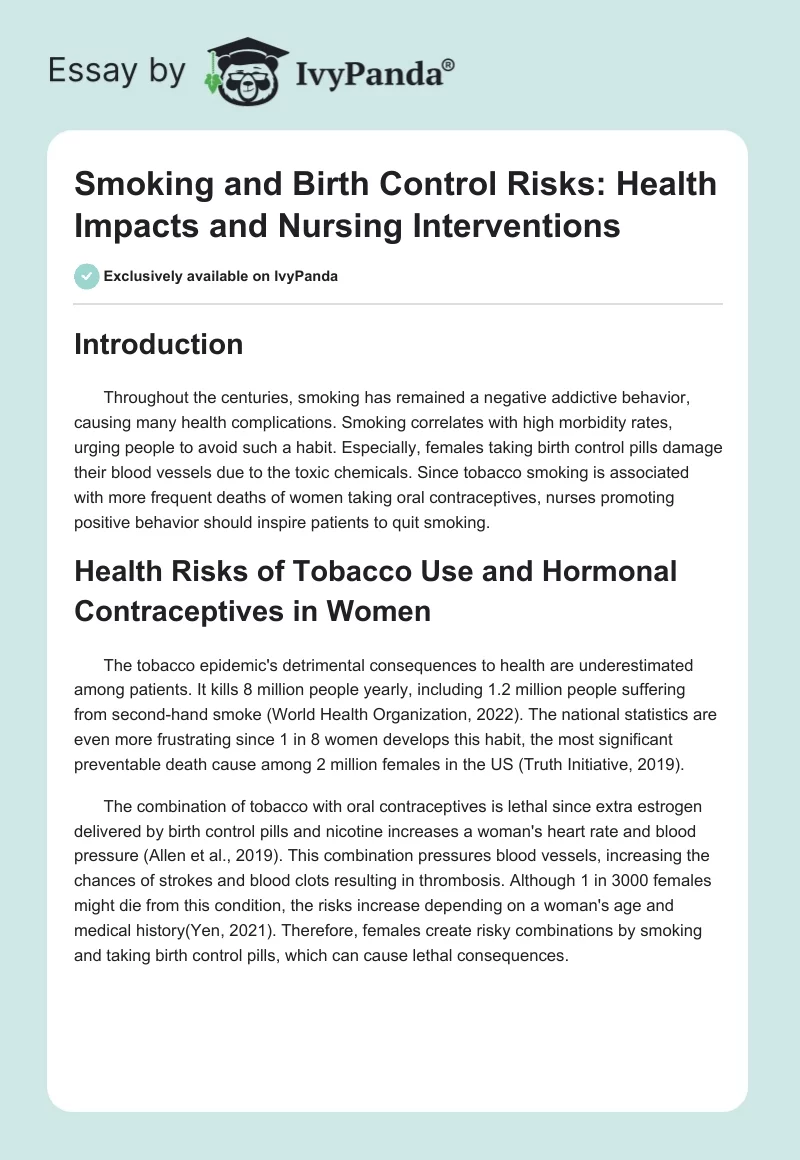 Smoking and Birth Control Risks: Health Impacts and Nursing Interventions. Page 1