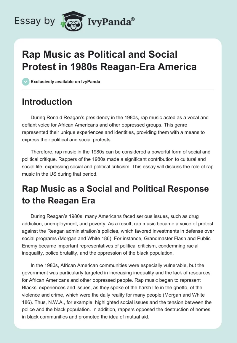Rap Music as Political and Social Protest in 1980s Reagan-Era America. Page 1