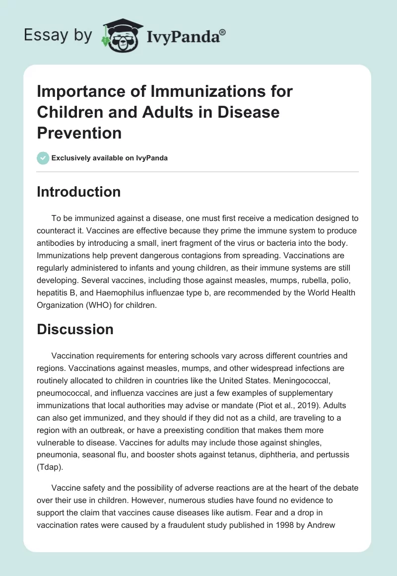 Importance of Immunizations for Children and Adults in Disease Prevention. Page 1
