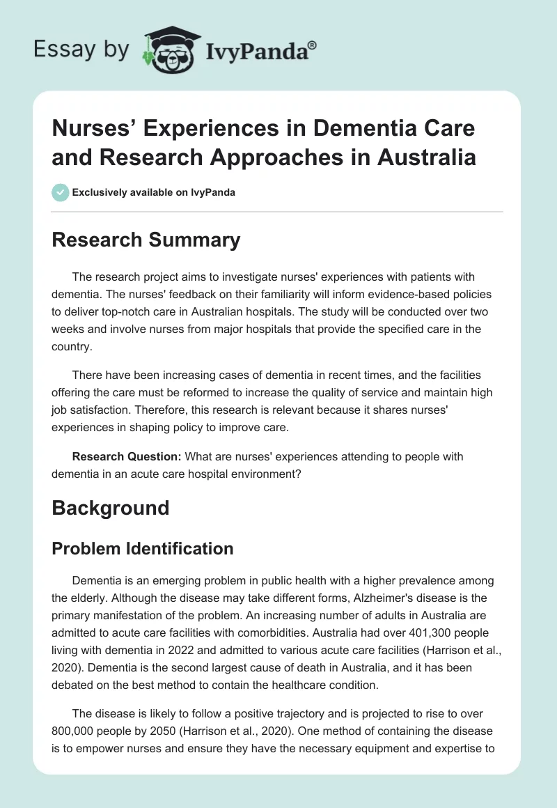 Nurses’ Experiences in Dementia Care and Research Approaches in Australia. Page 1