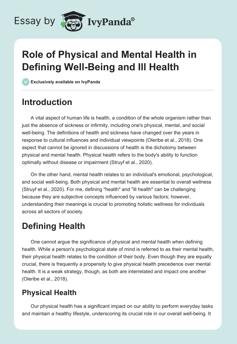Role of Physical and Mental Health in Defining Well-Being and Ill Health. Page 1