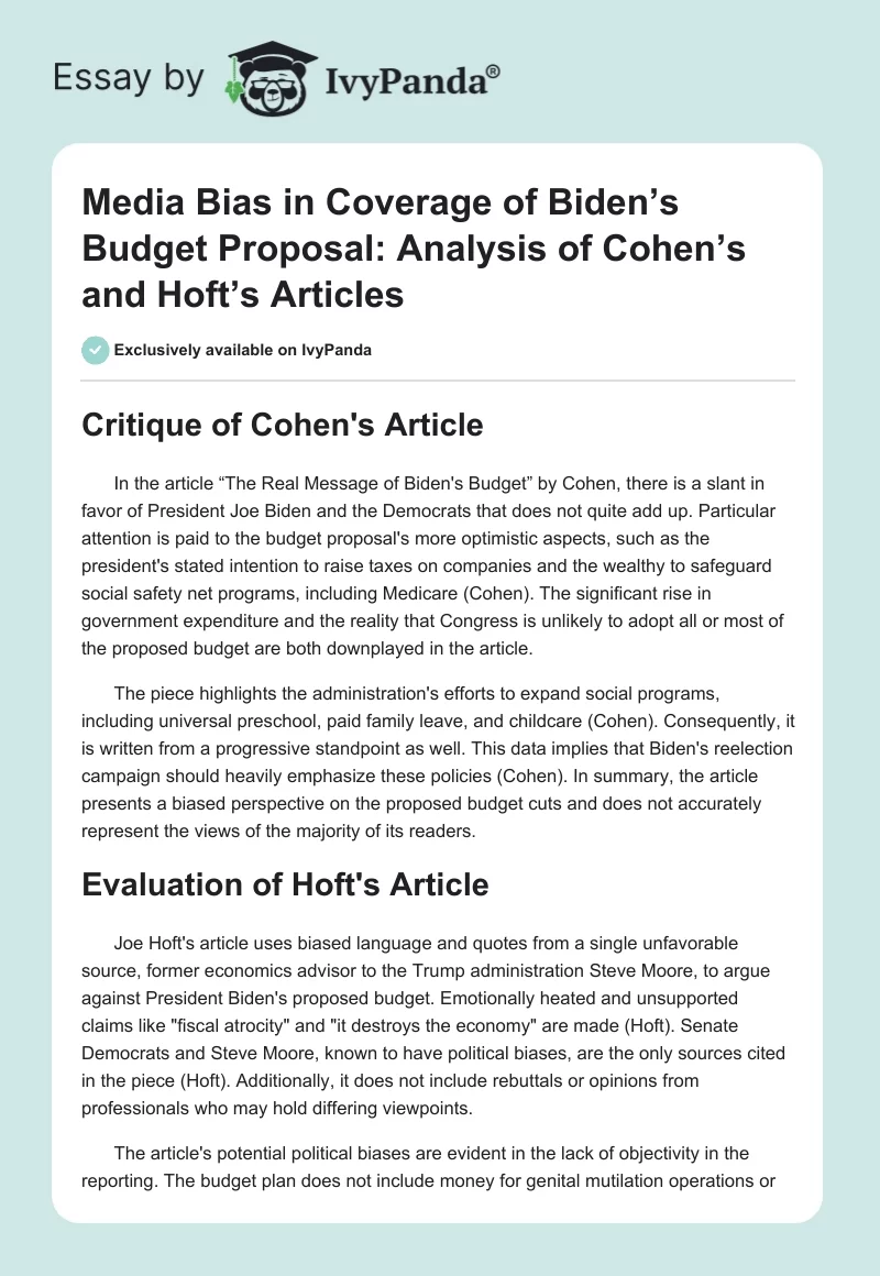 Media Bias in Coverage of Biden’s Budget Proposal: Analysis of Cohen’s and Hoft’s Articles. Page 1